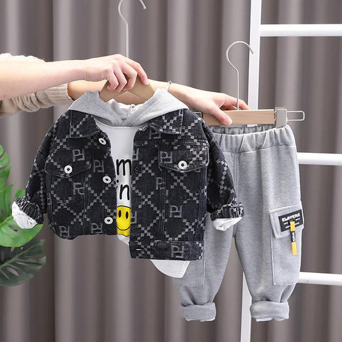 Lingge Denim Jacket Hoodie Three Piece Set